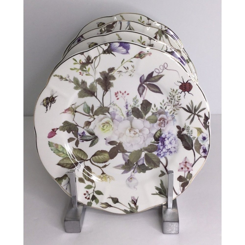 4 Salad Plates Stechcol Gracie Bone China Coastline White  Purple  7 1/2" New